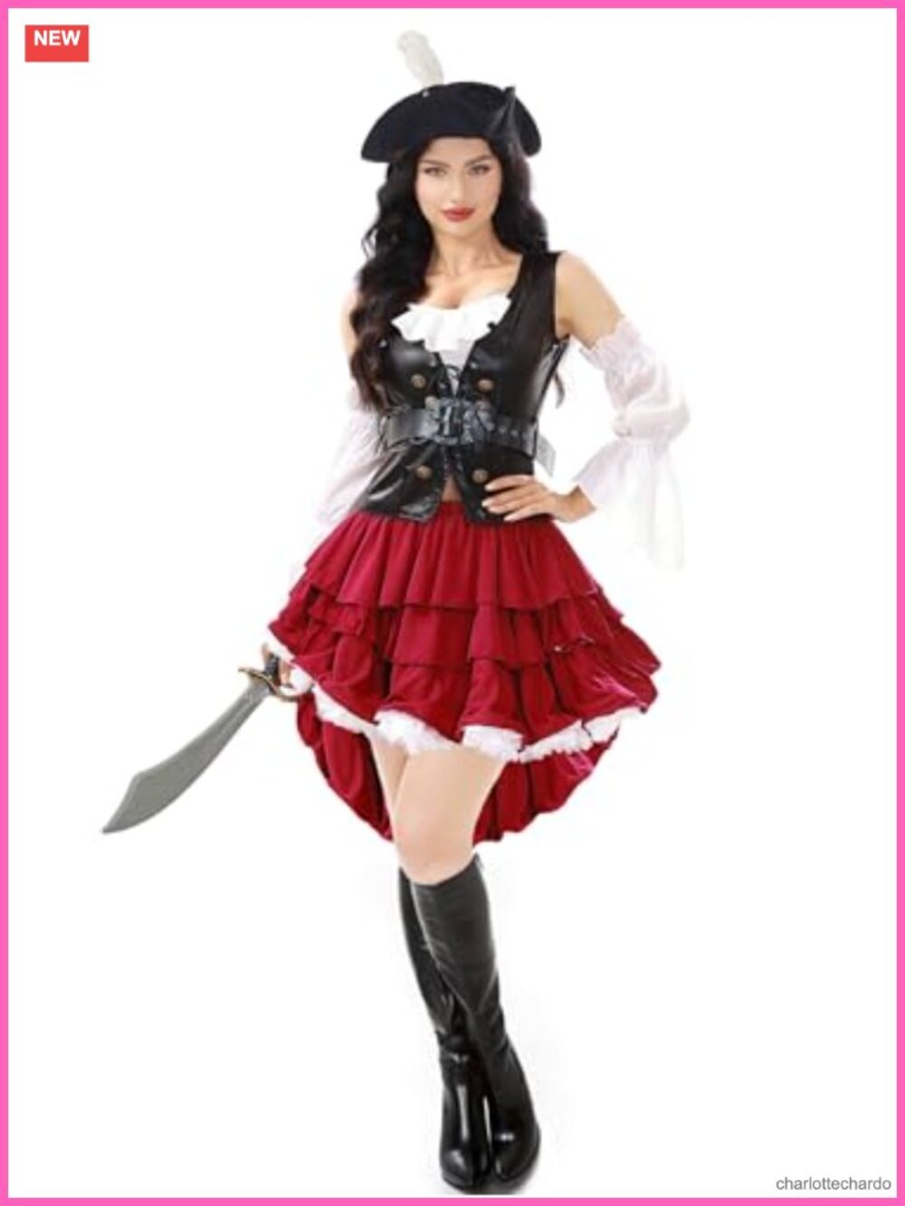Women's Pirate Costume 5-Piece Set with Faux Leather Corset
